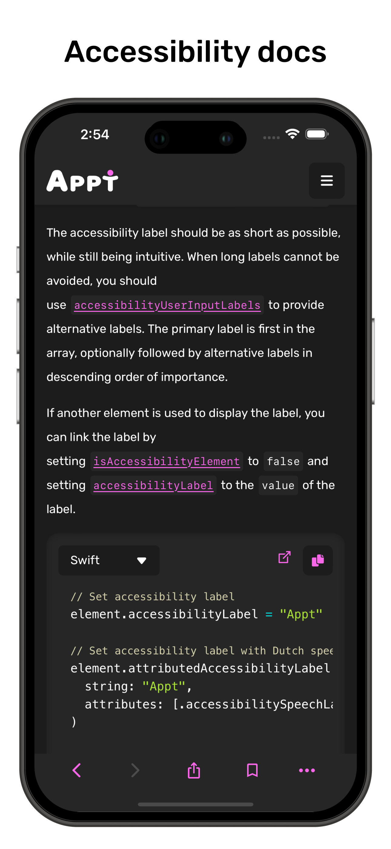 Accessibility docs on iPhone 14 Pro Max